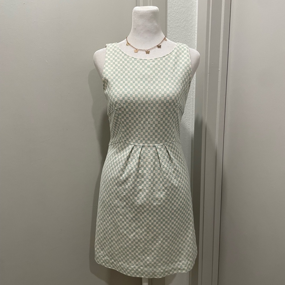 Fossil Green & Cream Checkered Sleeveless A-Line Fitted Above Knee Dress - XS